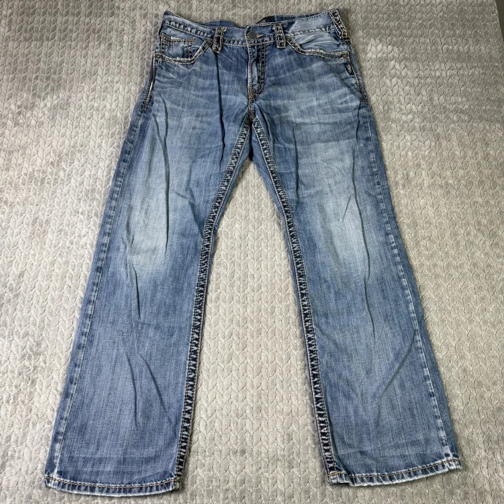 Silver Jeans Zac Relaxed Straight Leg Blue Distressed Denim Mens 34x30
